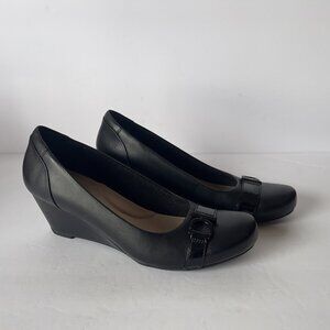 Clarks Womens Collection Leather Wedge Pumps- Flores Poppy Black Size 9